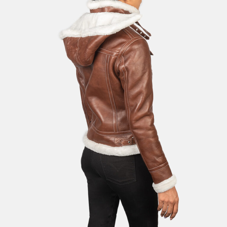 Womens Fiona Brown Hooded Shearling Leather Jacket Tilted Back-8-1652195379460